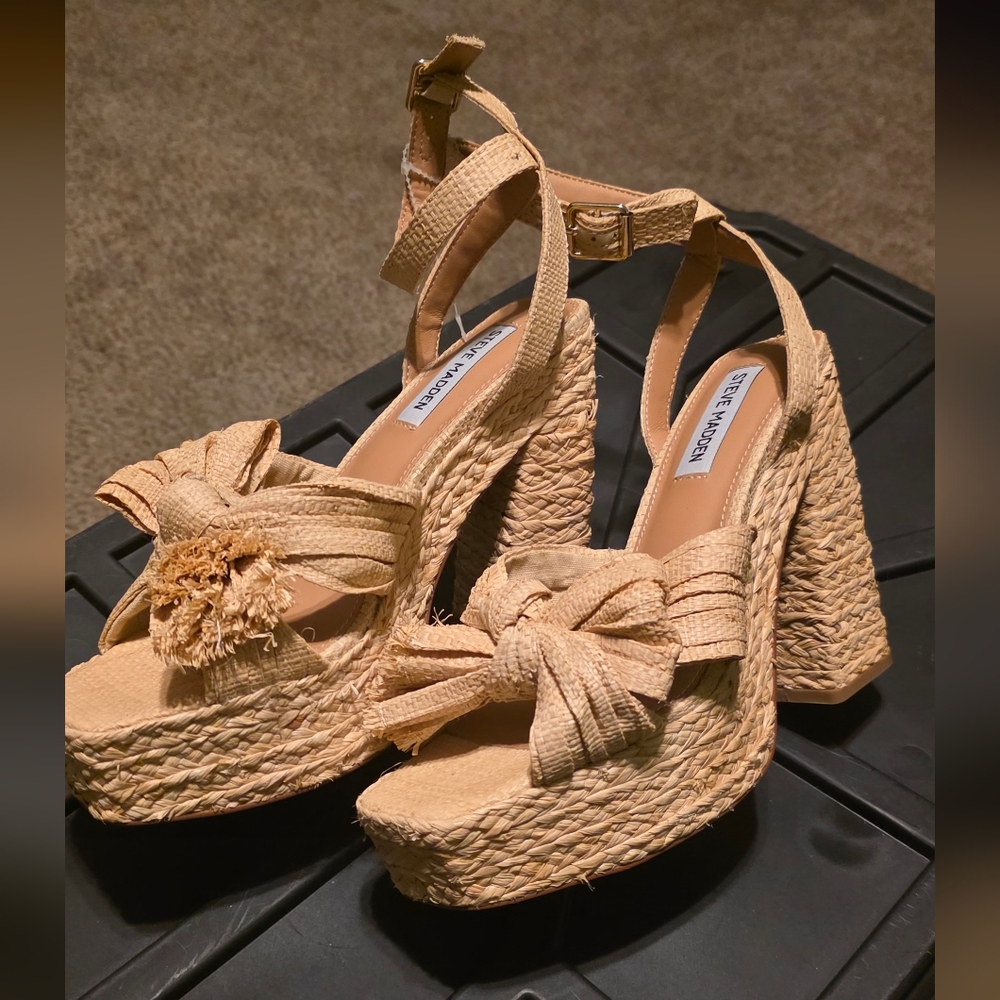 Steve Madden Romey Raffia Platform Heels Sz 8.5 - Picture 2 of 6